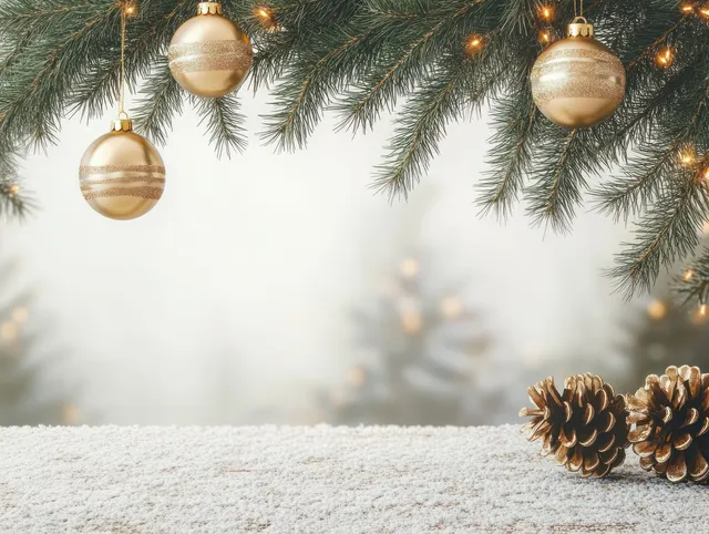 Cozy Christmas interior scene with pine branches and glowing ornaments above rustic shelf