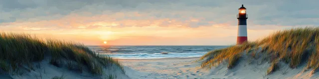 A lighthouse towers over grassy sand dunes as North Sea waves meet a sandy beach at sunset.
