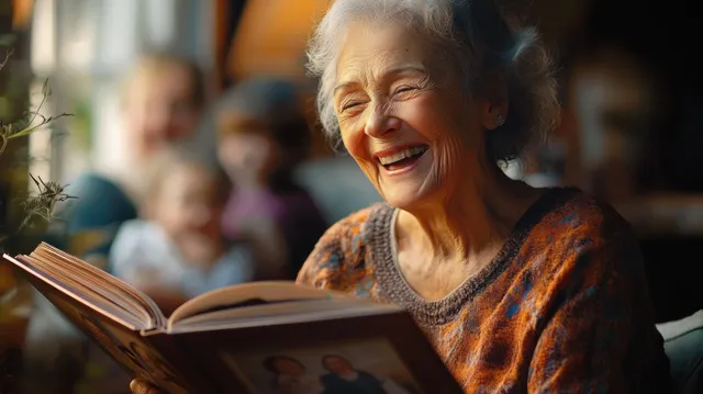 Joyful elderly woman reading a photo album indoors, warmly lit with blurred children