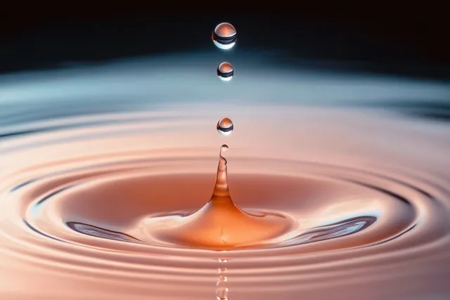 Water droplets fall into a liquid surface, creating concentric ripples and a small splash crown.