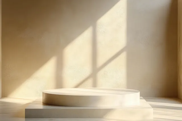 Empty beige pedestal in a minimalist room with soft window shadows on the textured wall and floor.