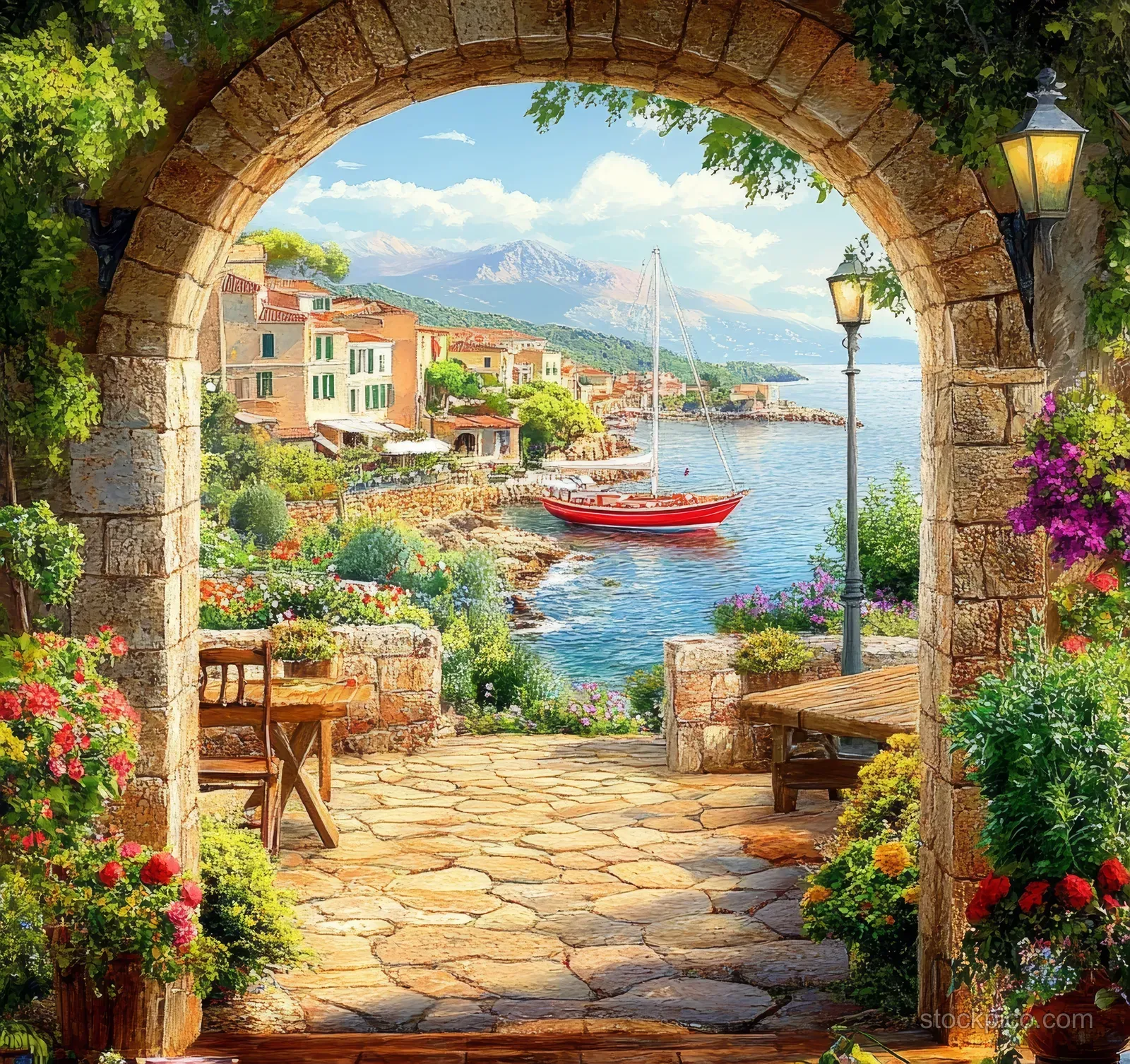 Stone arch frames cobblestone path, café chairs, and colorful flowers with a red sailboat on blue water.