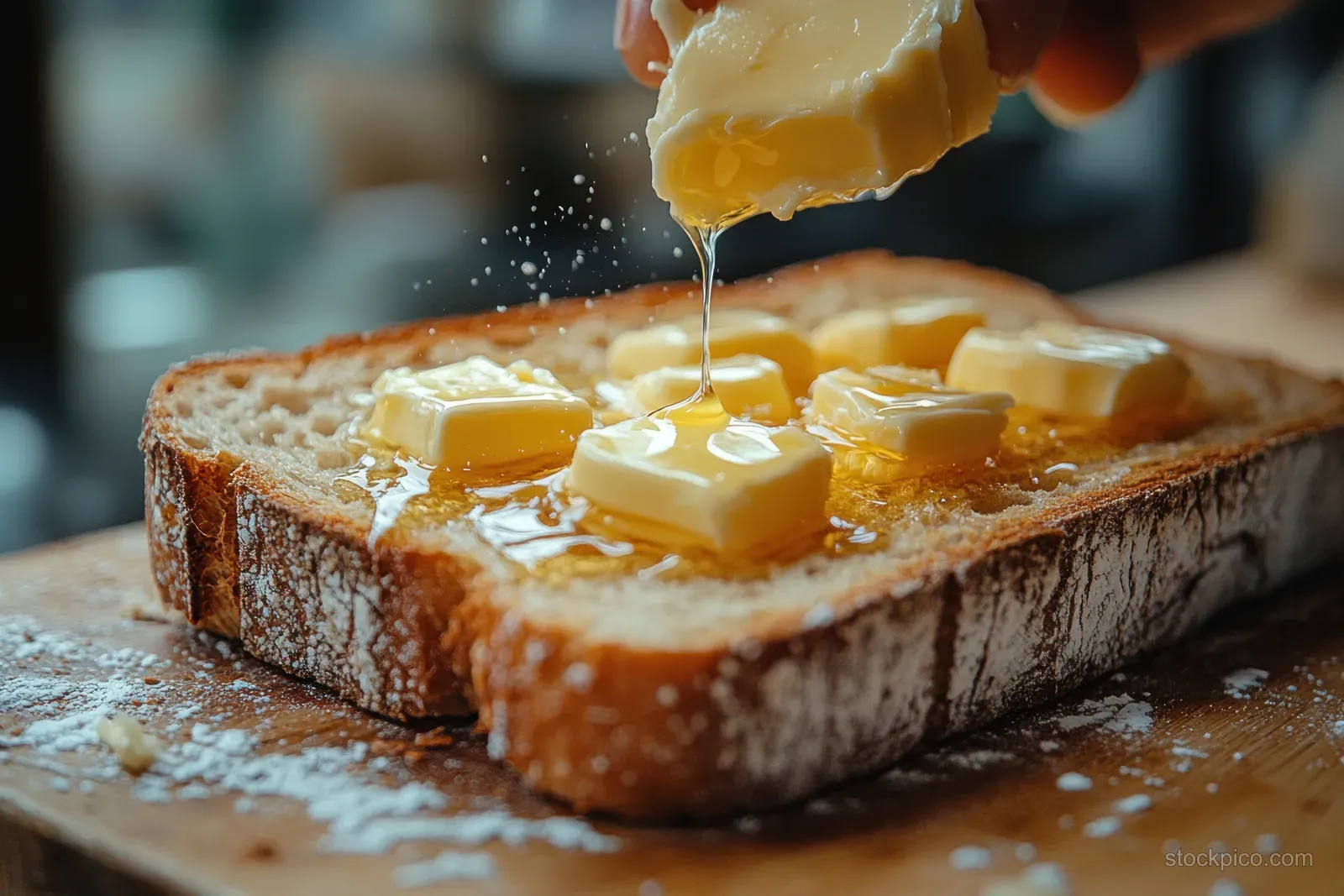 A hand spreads creamy butter over a rustic bread slice in a cozy kitchen setting.
