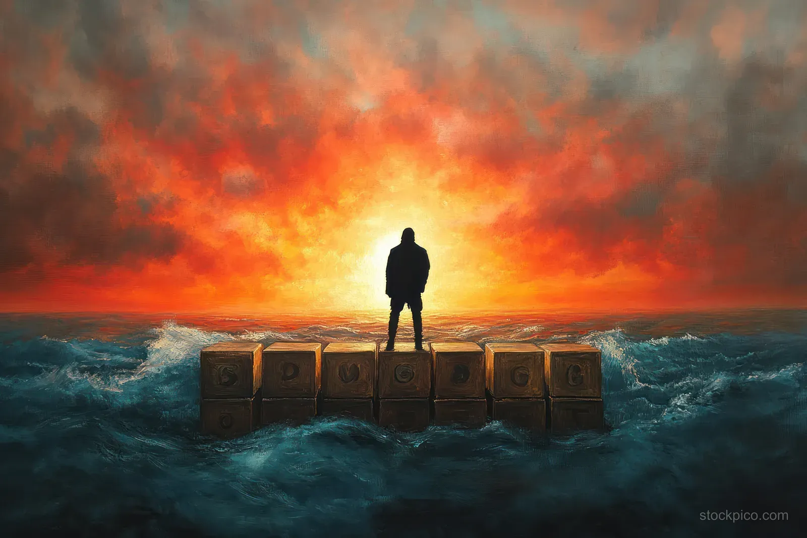 A lone silhouette stands on wooden crates as stormy waves crash under an orange-red sunset sky.