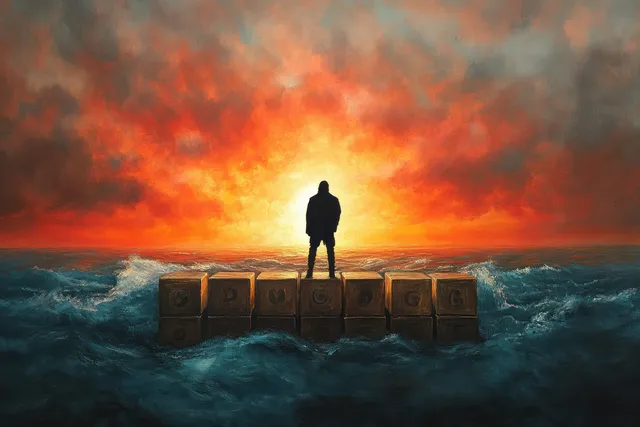 Silhouette standing on wooden crates in stormy ocean at fiery orange-red sunset
