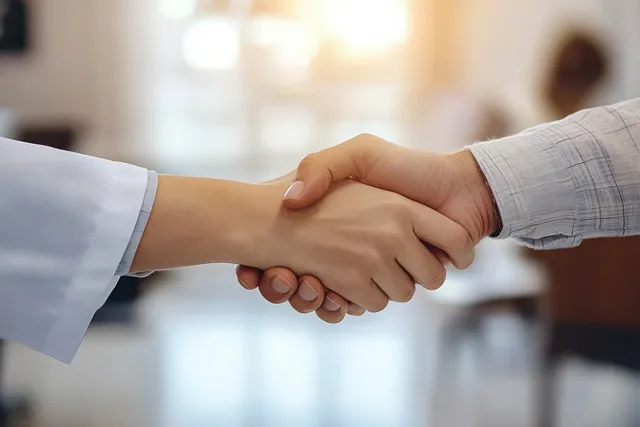 Two people shake hands in a softly lit office, signaling agreement and trust