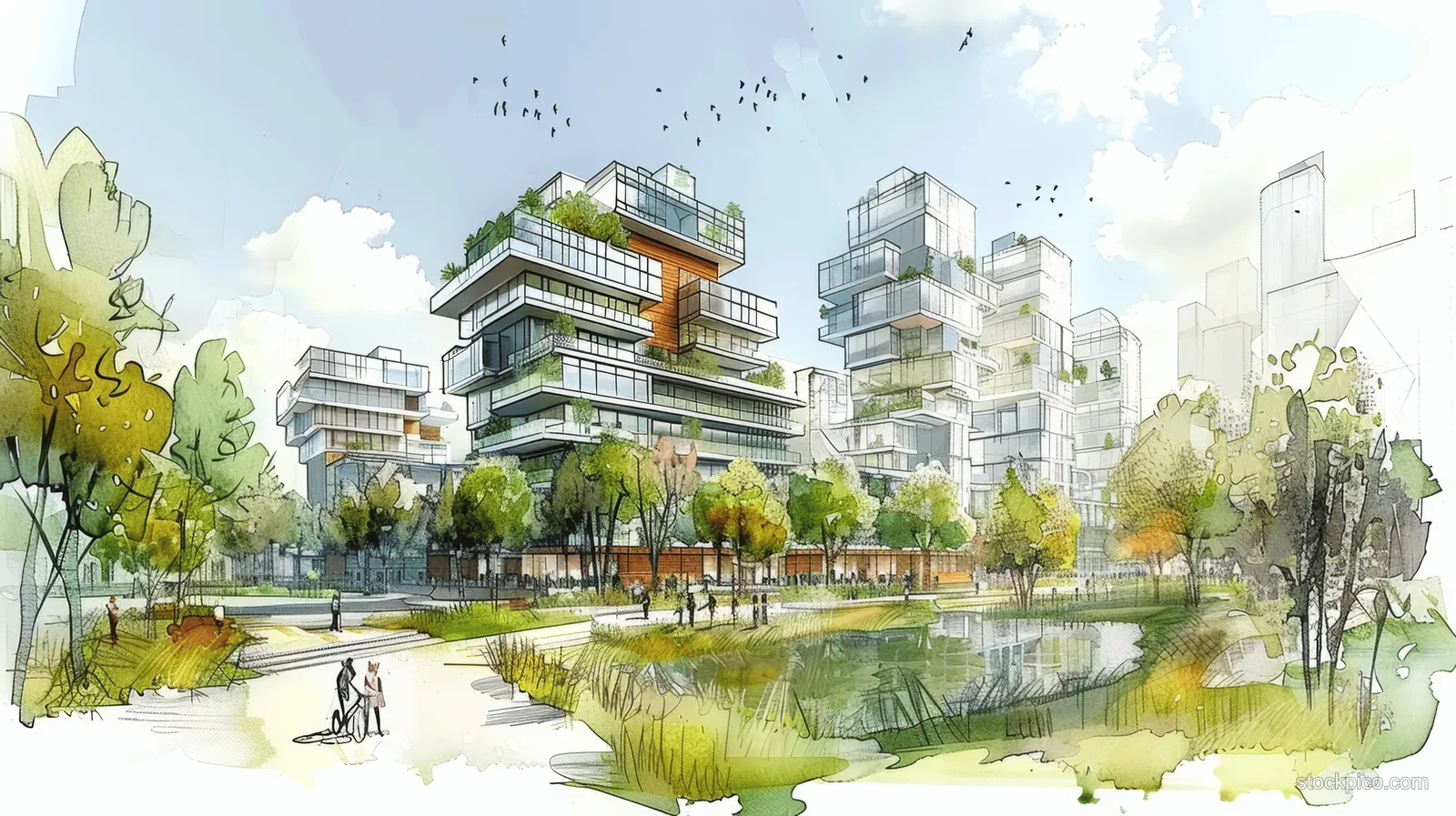 Watercolor urban masterplan with eco buildings, a river, trees, and pedestrian paths along green public spaces.