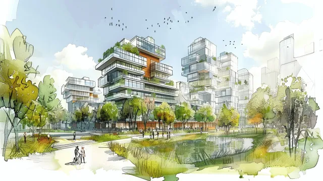Watercolor urban masterplan with eco buildings, a river, trees, and pedestrian paths along green public spaces.