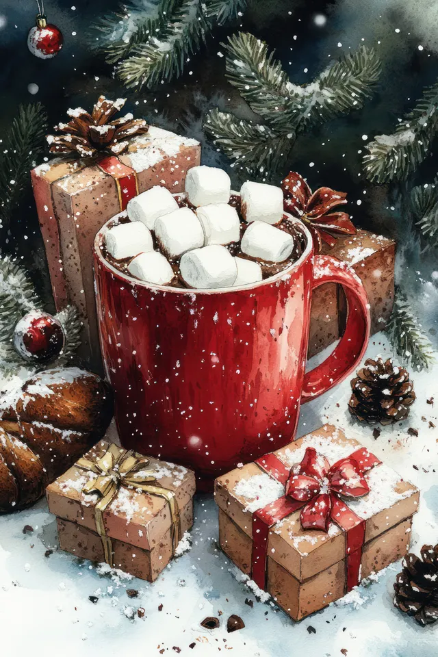 Red mug of hot cocoa with marshmallows beside wrapped gift boxes and pine branches on snowy holiday background.