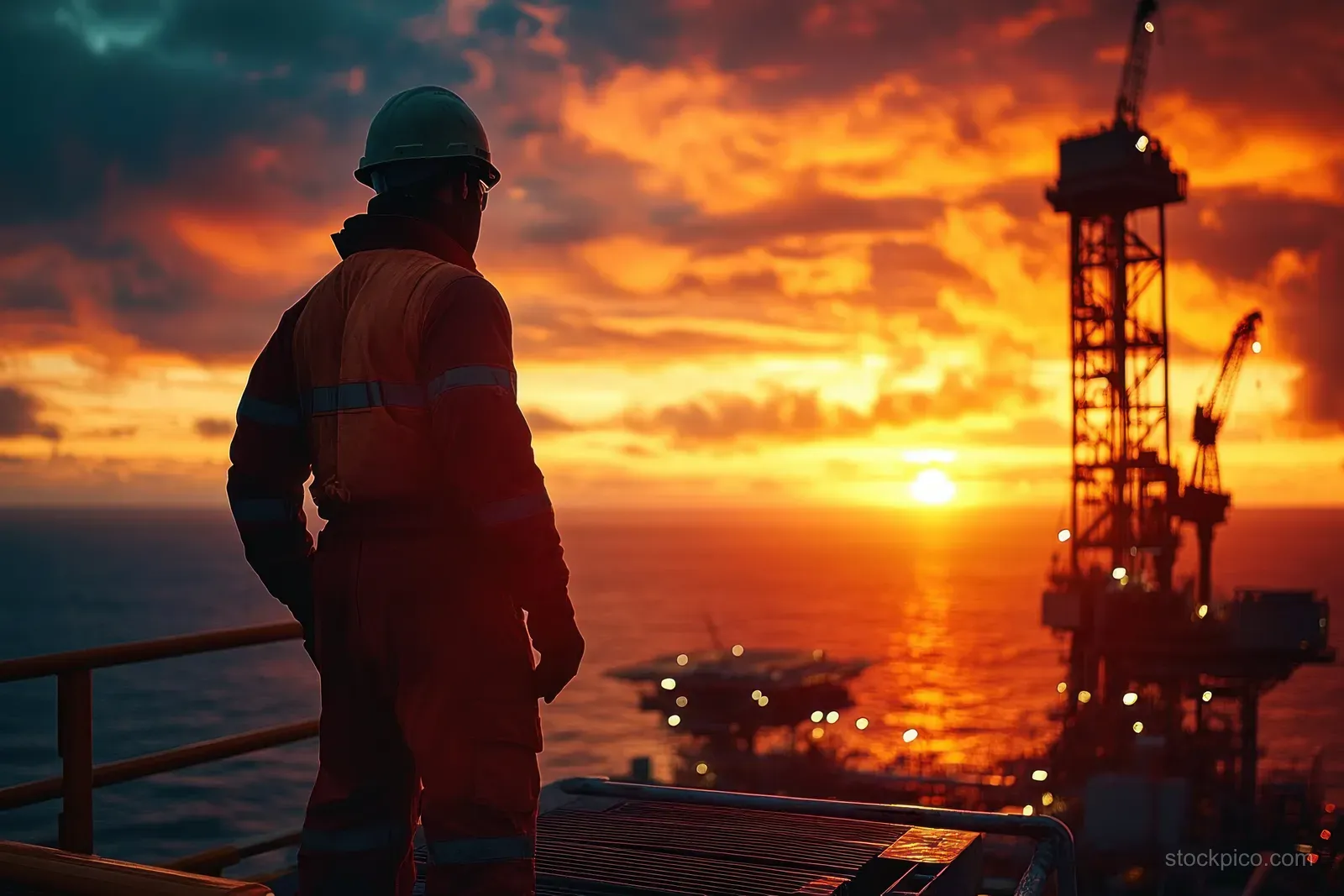 An oil rig worker in safety gear stands on an offshore platform railing at sunset beside a drilling tower.