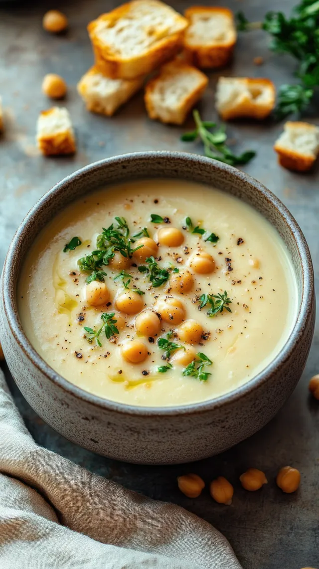 Creamy chickpea soup in a rustic bowl, garnished with whole chickpeas and fresh herbs, beside scattered bread pieces.
