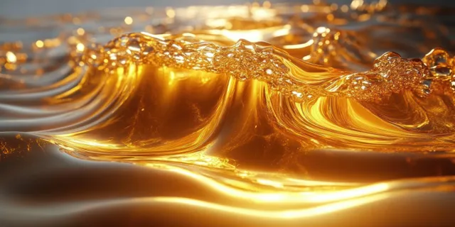 Macro golden liquid waves with sparkling bubbles and warm reflections flow across a glowing surface.