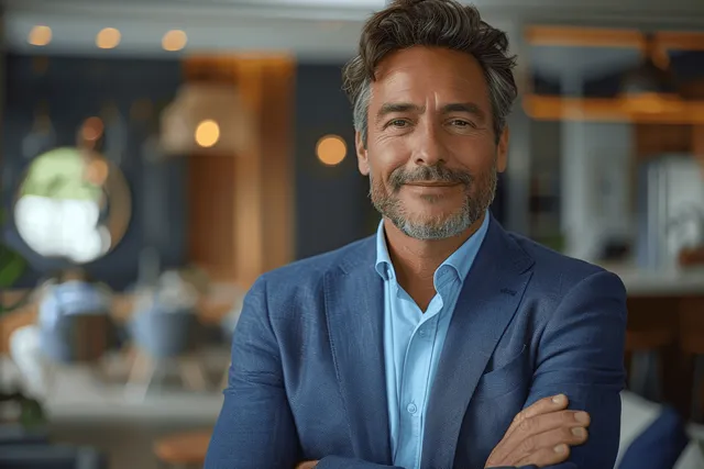 Confident middle aged man in blue blazer standing indoors with warm bokeh lights