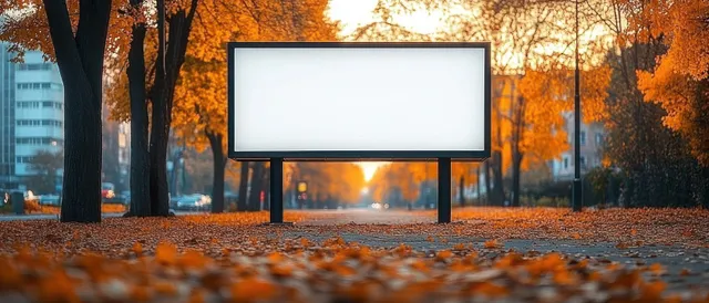 An empty billboard faces the camera on a leaf-covered street during golden hour.
