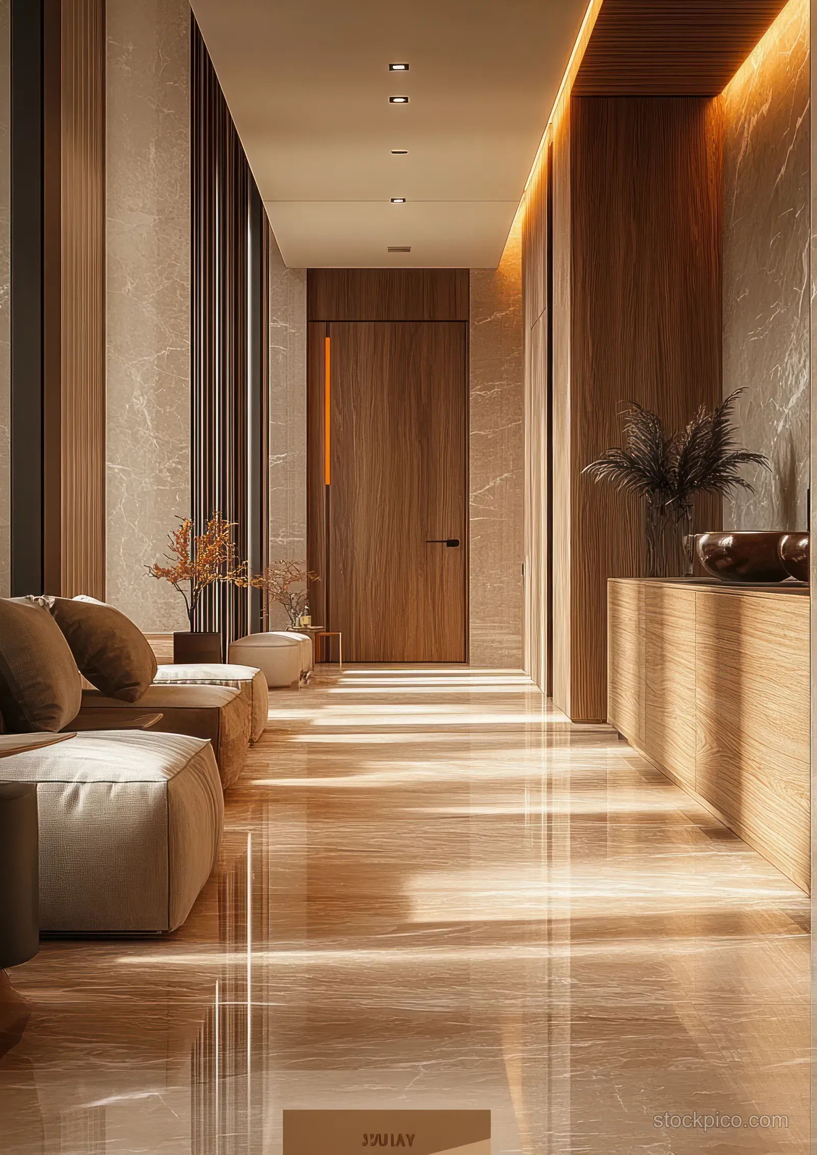 Warm natural light fills a modern hallway with wooden panel walls, beige cushioned seating, and potted plants.