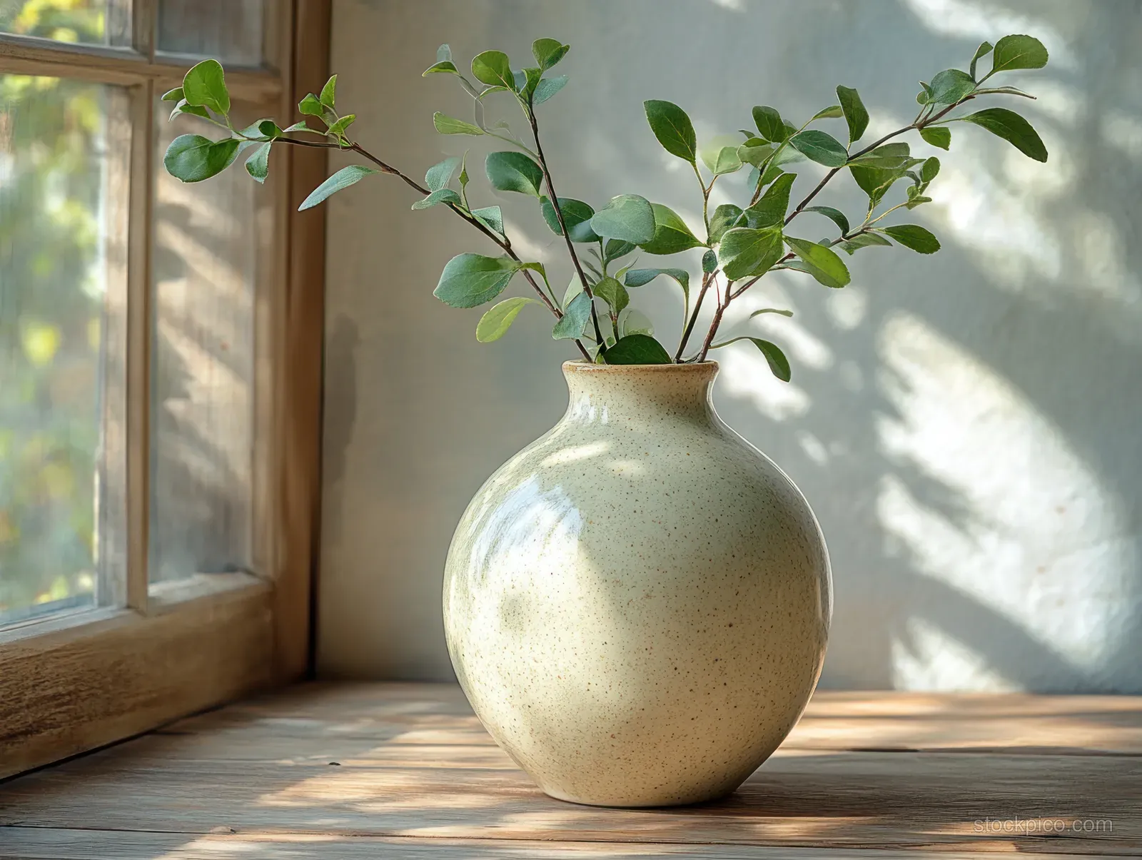Beige ceramic vase with green foliage placed on a wooden table beside a sunlit window.