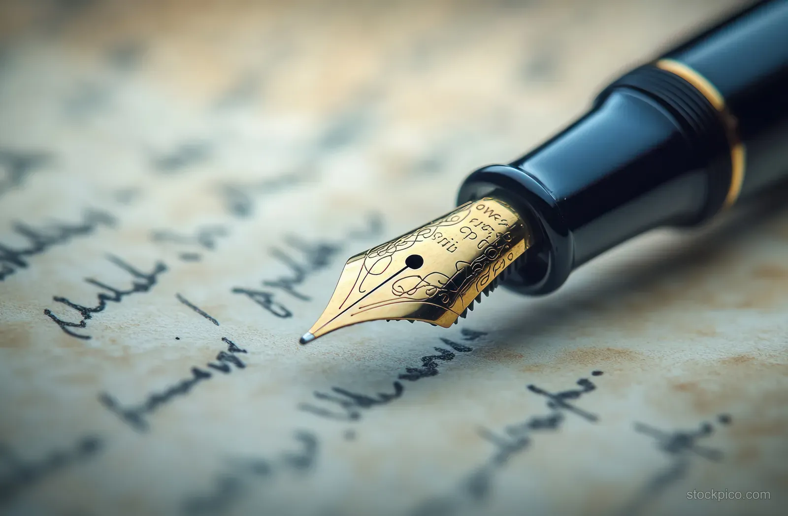 Vintage fountain pen nib writing cursive ink on aged parchment with sepia blur background.