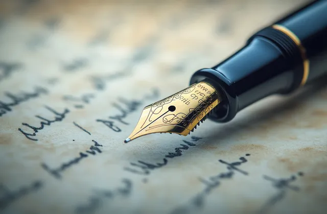 Vintage fountain pen nib writing cursive ink on aged parchment with sepia blur background.