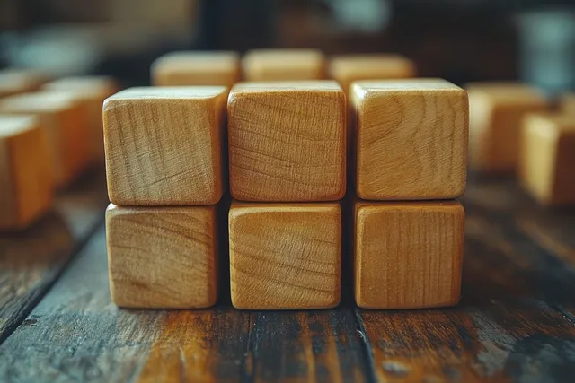 Wooden blocks stacked into a stepped ladder on a desk under warm sunlight, showing natural grain and soft shadows.