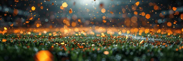 Golden confetti falls over an illuminated football field in an evening stadium celebration.