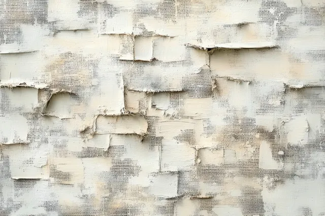 A distressed plaster wall with layered rough patches and chipped paint in cream and beige.