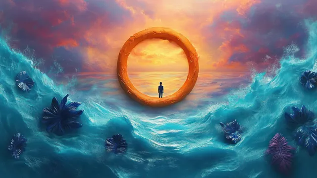A lone silhouette stands near a glowing orange ring above swirling blue waves under a pink-orange sunset sky.
