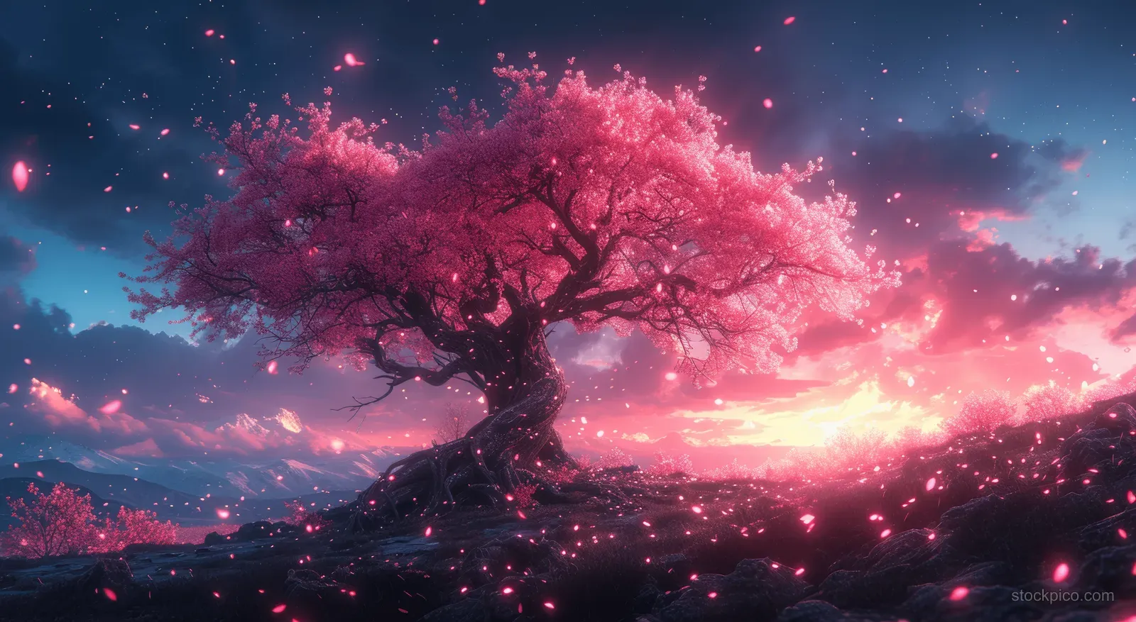 A cherry blossom tree glows under a twilight sky with pink petals drifting around it.