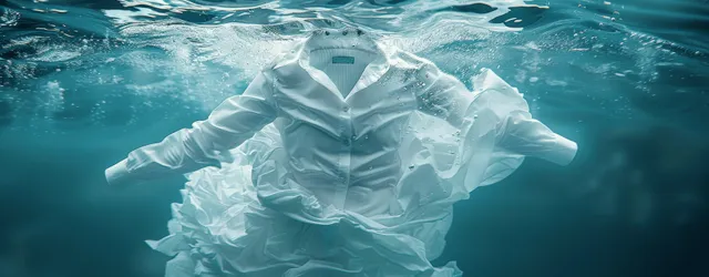 A white shirt drifts underwater amid swirling bubbles and splash-like water waves.