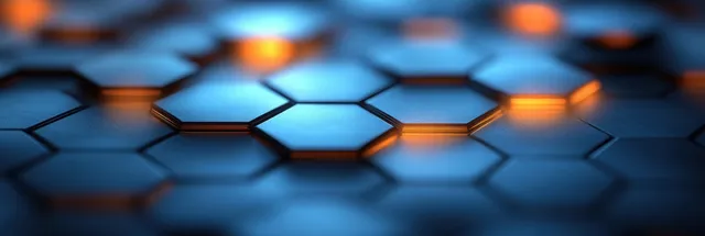Futuristic hexagon medical network glowing in blue and orange