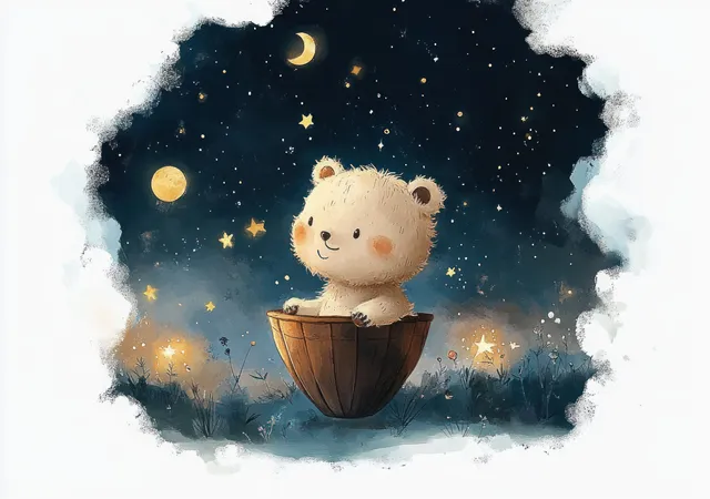 A bear cub floats in a hot air balloon through starry clouds under a glowing moon in watercolor style.