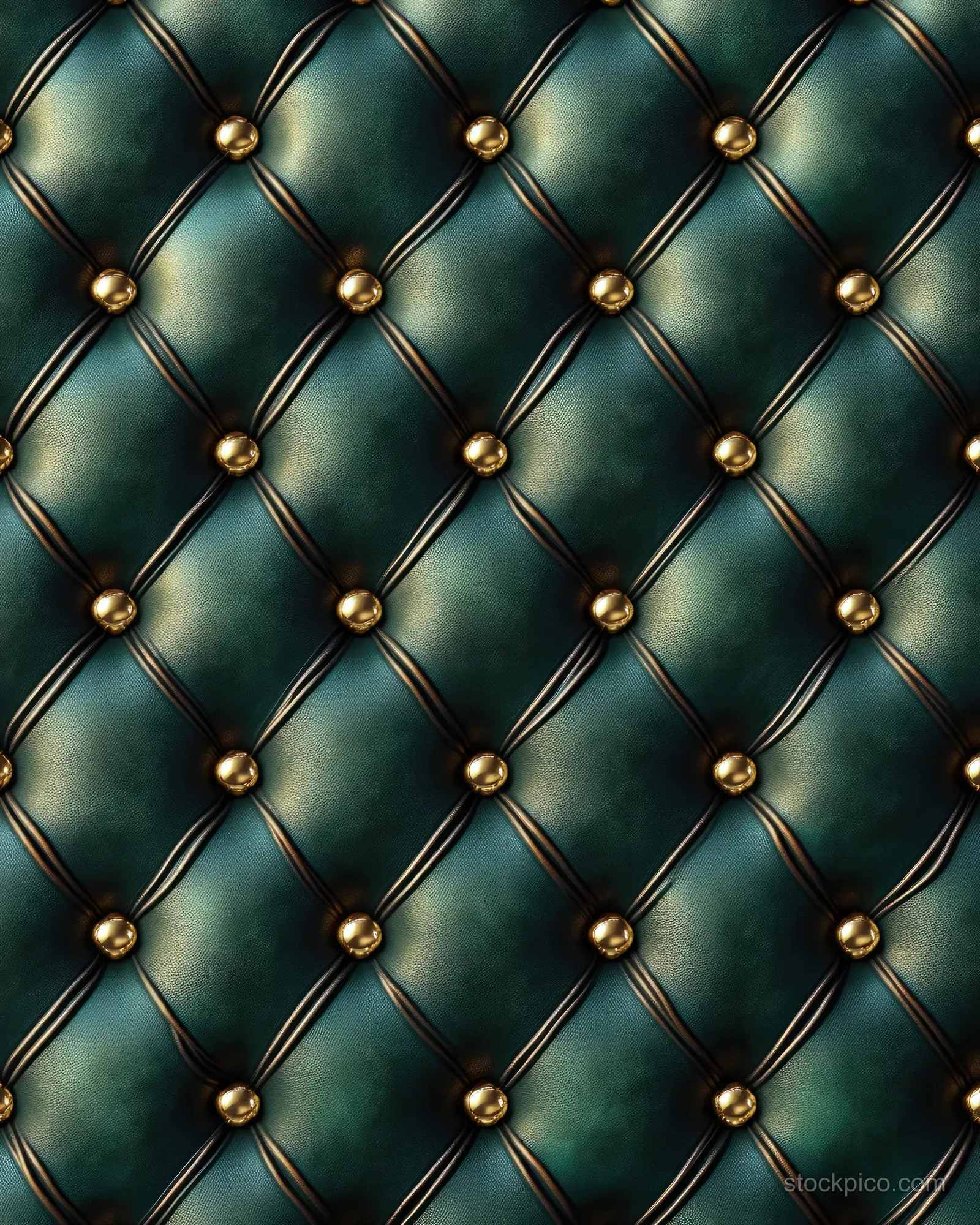 Dark green diamond-tufted leather upholstery with gold buttons and stitched seam lines in sharp close-up detail.