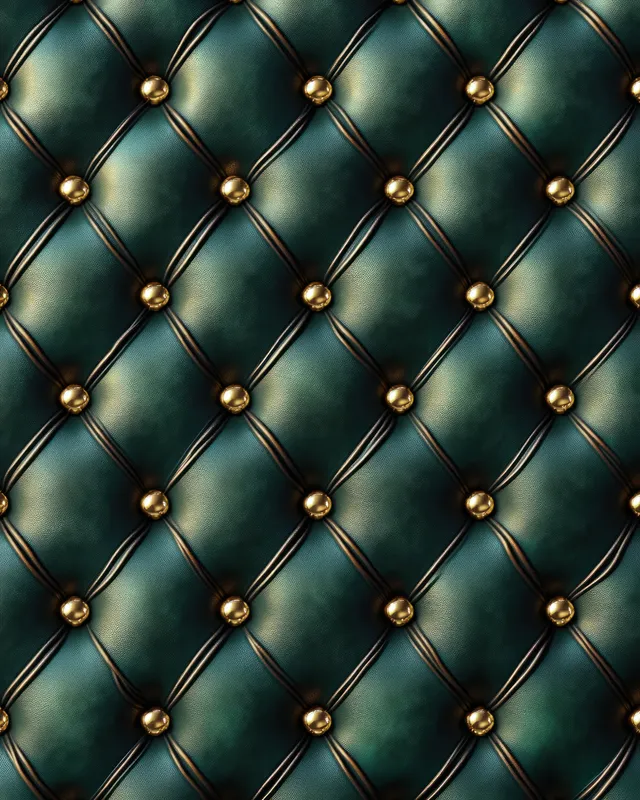 Dark green diamond-tufted leather upholstery with gold buttons and stitched seam lines in sharp close-up detail.