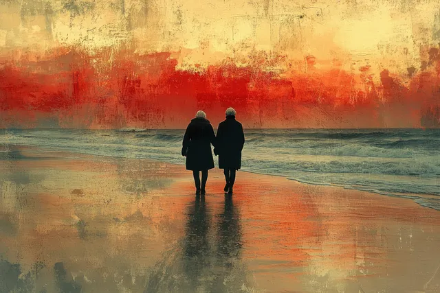 Smiling elderly Asian couple walking along a beach at sunset, holding hands