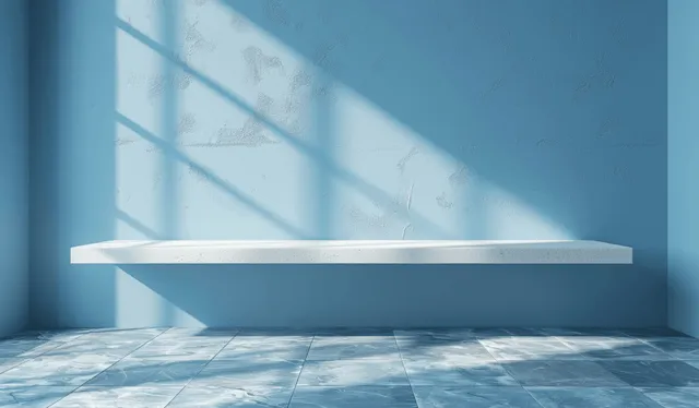 Minimalist white shelf on light blue studio wall with soft shadows with Calm Color Scheme