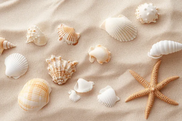 Starfish and white seashells are scattered across pale sand creating a sandy coastal background.