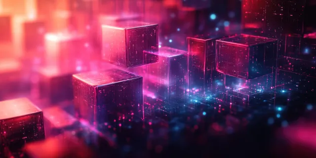 Neon geometric cubes floating in dark space with glowing mist and light trails