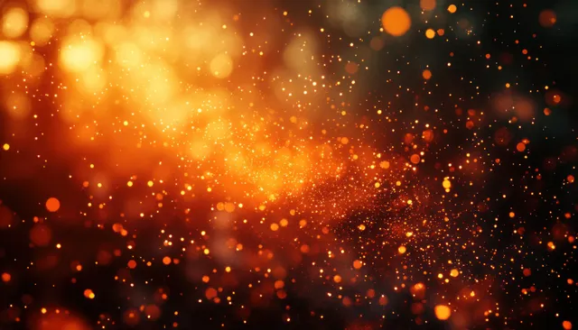 Warm golden light bokeh particles swirl across dark abstract background with subtle film grain