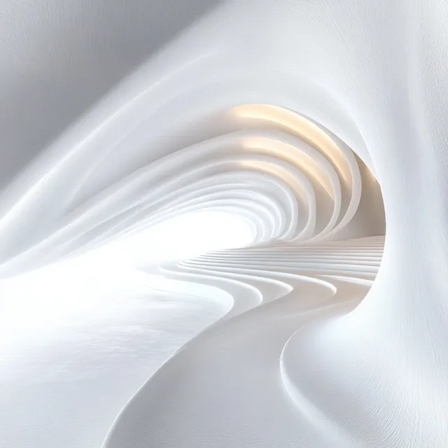 Minimalist futuristic architecture interior with flowing white ribbon lines and natural light