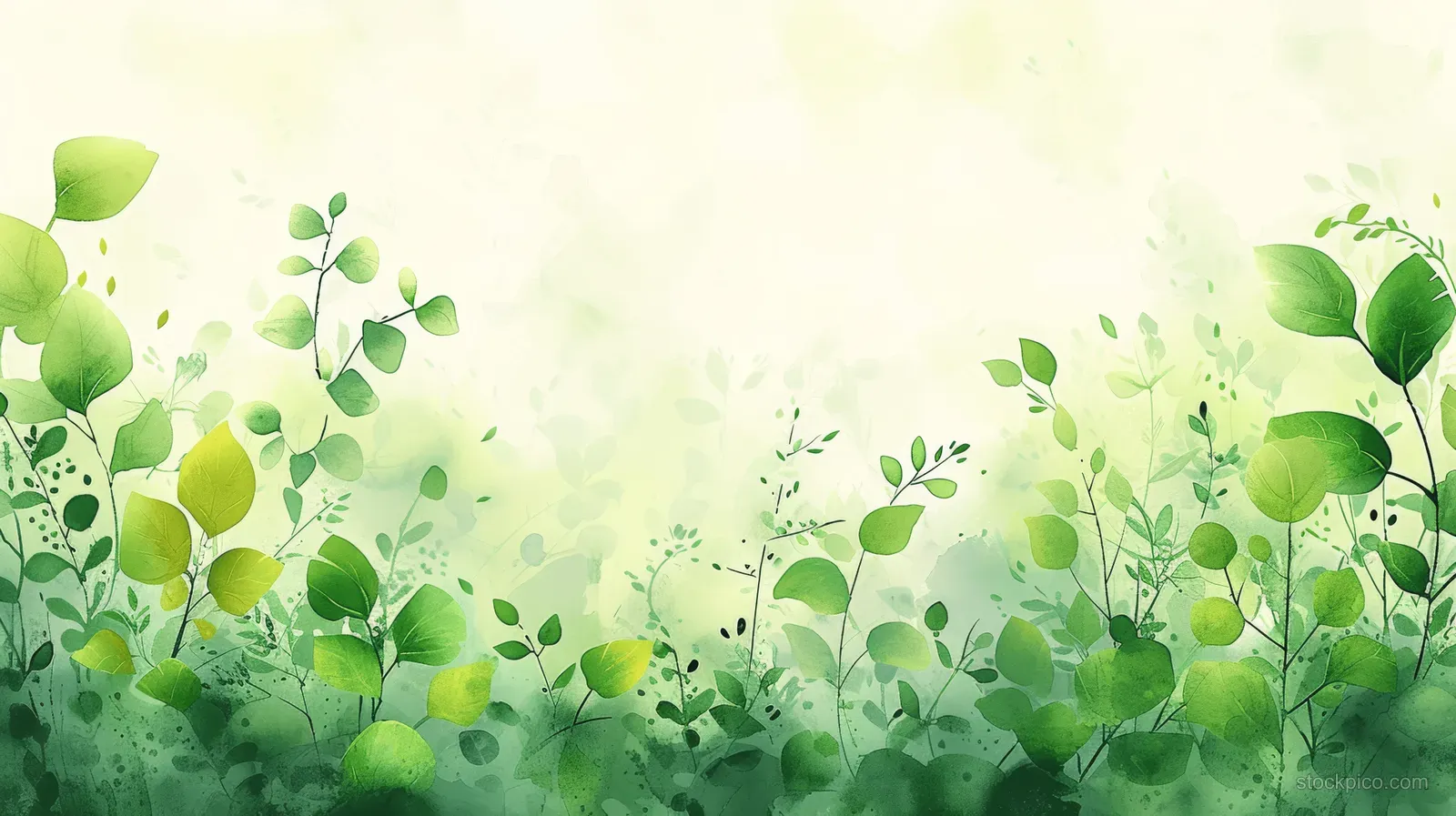 Watercolor green leaves and foliage sprigs float across a soft misty spring background with pale gradients.