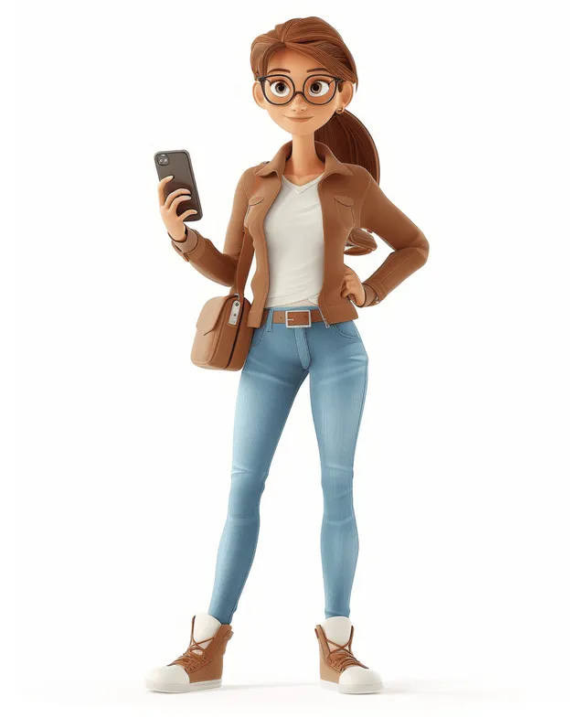 Full-body 3D cartoon woman smiling while holding a smartphone on a white background.