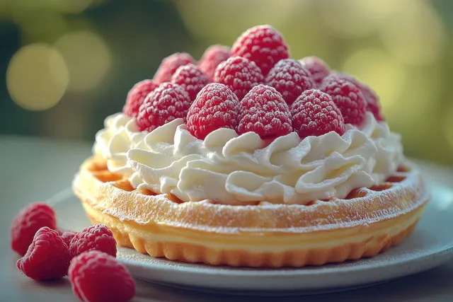 Raspberry waffle tart with whipped cream and fresh berries on a plate in morning light.