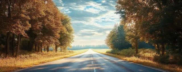 An empty countryside asphalt road stretches to the horizon between sunlit trees under a partly cloudy sky.