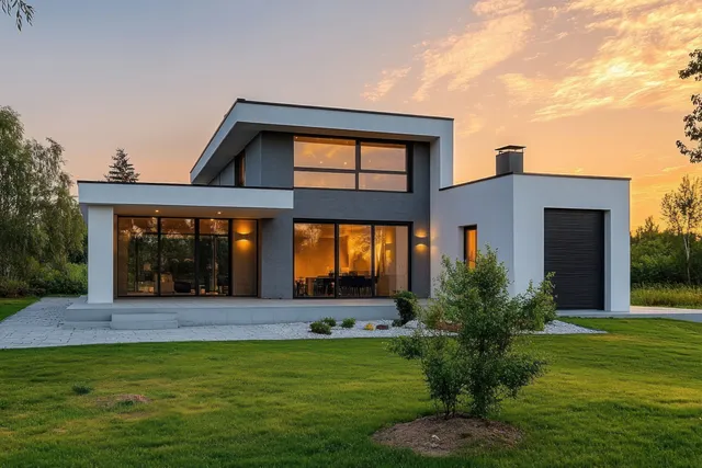 Minimalist modern house with glass front and large green lawn at sunset in a countryside setting.