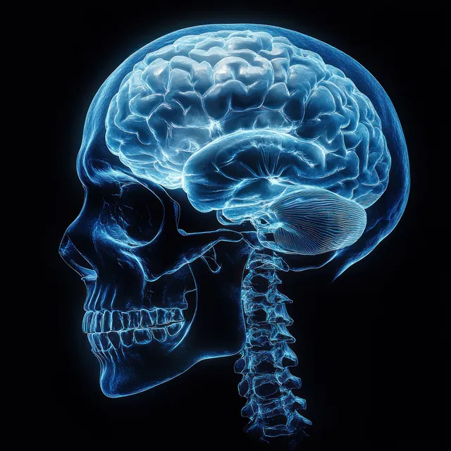 A glowing blue and violet 3D profile view shows skull bones and luminous brain anatomy on a dark background.