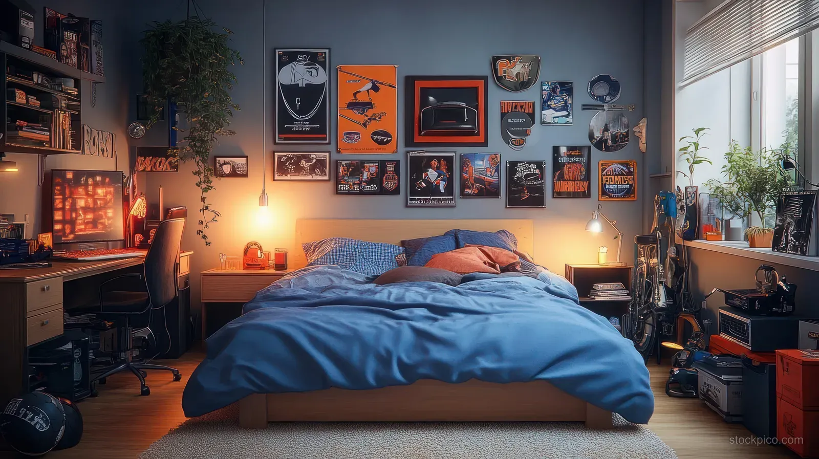 Teen boy bedroom with a made bed, sports posters on the wall, warm lamps, and potted plants by a window.