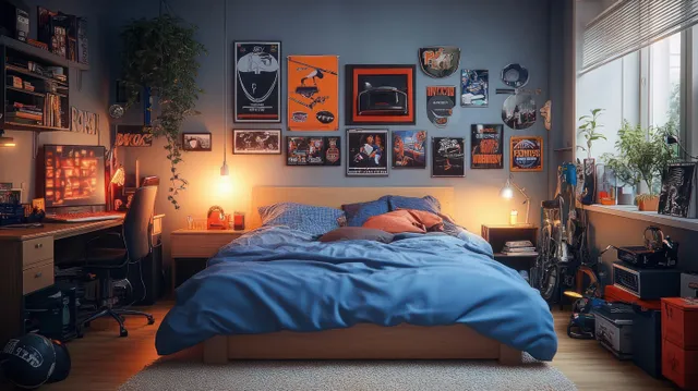 Teen boy bedroom with a made bed, sports posters on the wall, warm lamps, and potted plants by a window.
