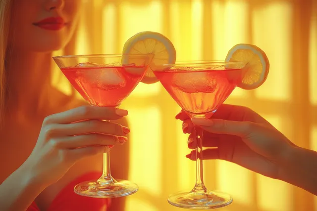 Two hands clink red cocktails with lemon slices against a vivid yellow backdrop