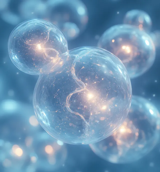 Glowing oil droplet touches luminous skin cell spheres in a blue molecular 3D illustration.