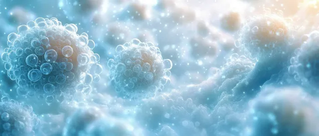 Translucent white blood cell shapes glow in a soft blue-green microscopic background suggesting immune defense.