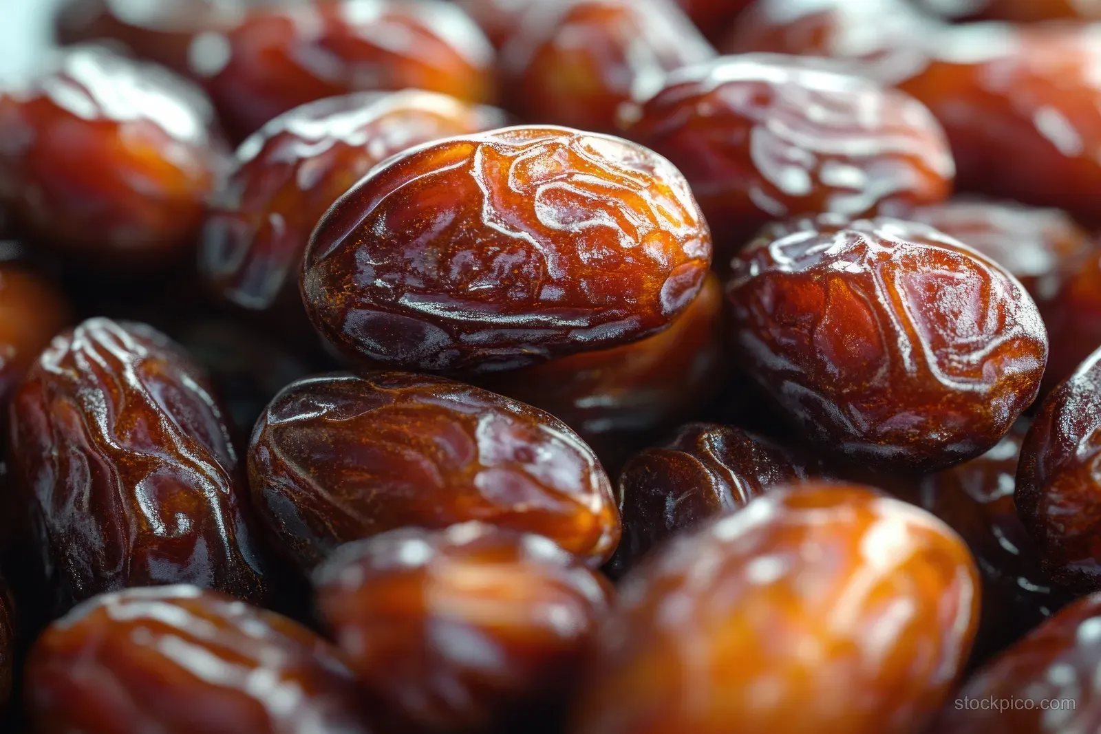 Pile of glossy wrinkled brown dried dates with caramelized highlights in close-up.